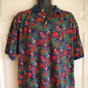 90s Tabasco Polo Shirt blue with red with hibiscus flowers